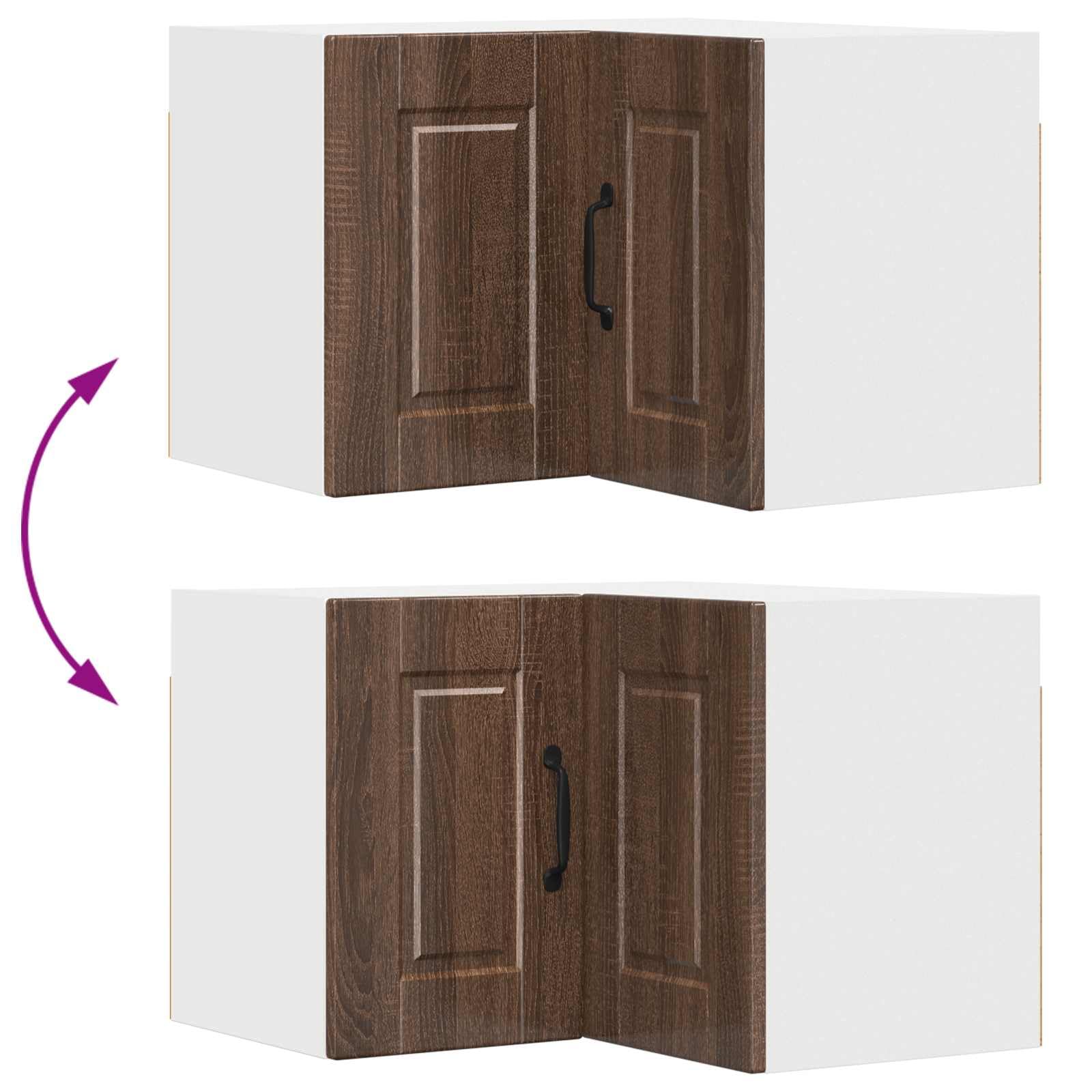 Armario esquinero de pared Porto en aspecto de roble marrón, 57 x 57 x 40 cm, 2 estantes, 2 puertas, armario colgante para almacenamiento y almacenamiento en cocina moderna