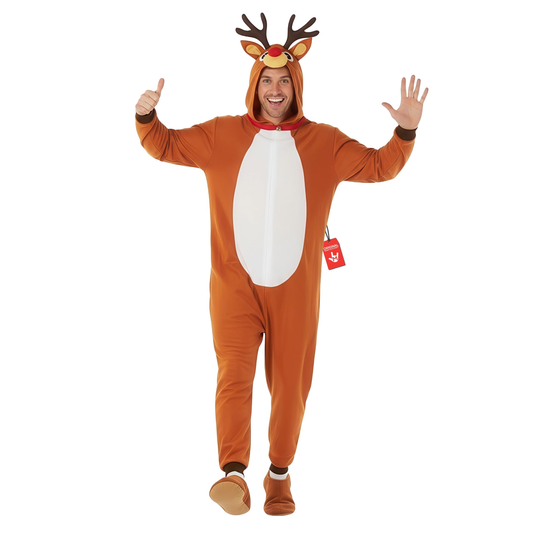 Morph Costume Renna Adulto, Tuta Halloween Uomo | Tuta con Cappuccio, Corna & Naso Rosso, Copriscarpe a Zoccolo, Perfetto per Halloween, Ideale per Travestirsi