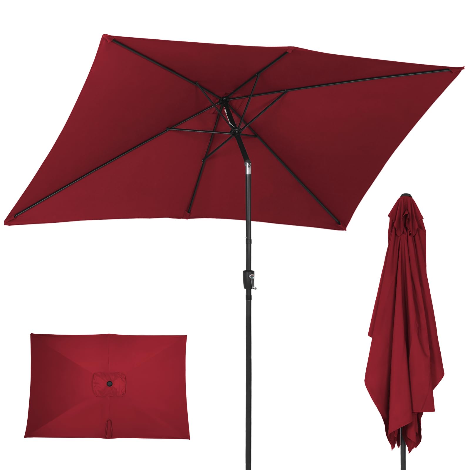 ZealWe Garden Parasol Umbrella, 3x2m Patio Parasols Outdoor Sun Shade with Tilt Crank Handle and 6 Ribs for Patio Beach Pool Lawn Backyard Deck, Red