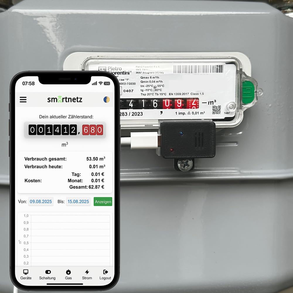 Lettore di Gas intelligente 5 Plug & Play nell'applicazione di rete intelligente per contatore gas RS Pietro Fiorentini/SAMGAS- WiFi con TASMOTA preinstallato | WiFi | HOMEASSISTANT MQTT | RS
