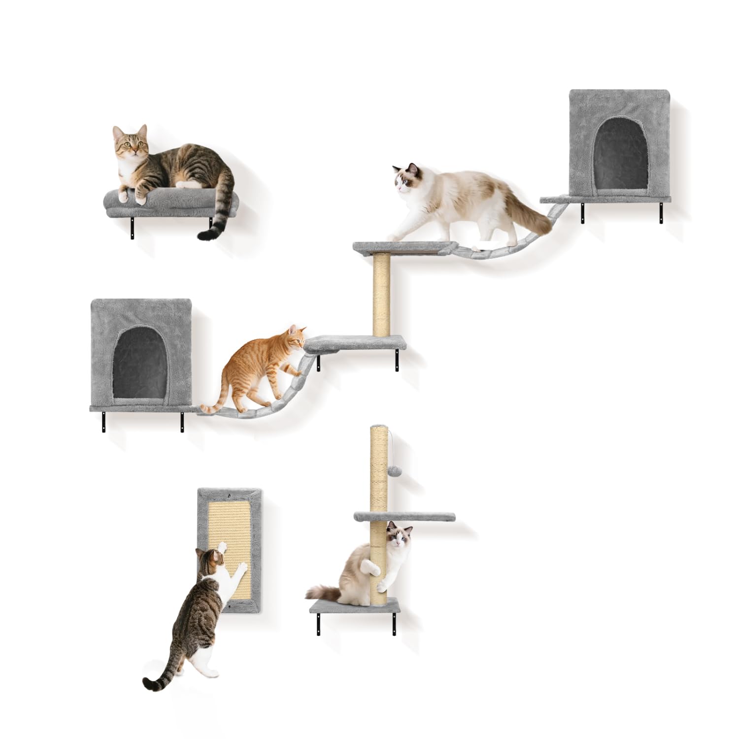 Nobleza Kletterwand Katzen 6 Set, Lounging bis 10 kg, Stabiles Katzen wandelemente für Schlafen, Spielen, 2 Katzenhäuser mit stabilen Kratzsäulen, Hängebrücke & festem Kratzbrett