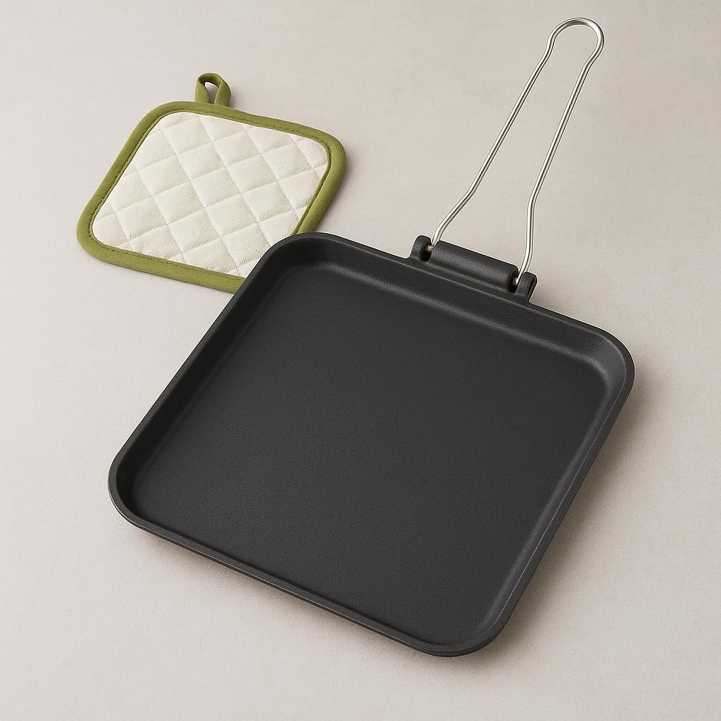 Bistecchiera Liscia in Ghisa con Manico Pieghevole + Presina Termica in Cotone – Piastra Rettangolare Antiaderente per Carne, Verdure e Griglia – Adatta a Gas, Forno e BBQ 24X24CM Ilsa