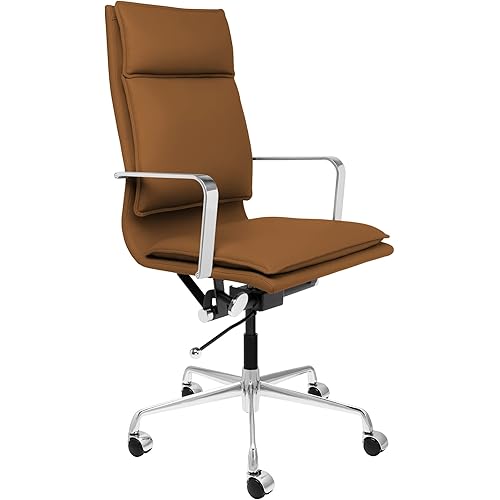 Laura Davidson Furniture Lexi II Tall Back Padded Modern Chair for Office with Cushion Availability, Aluminum Arms, Made of Faux Leather, Brown