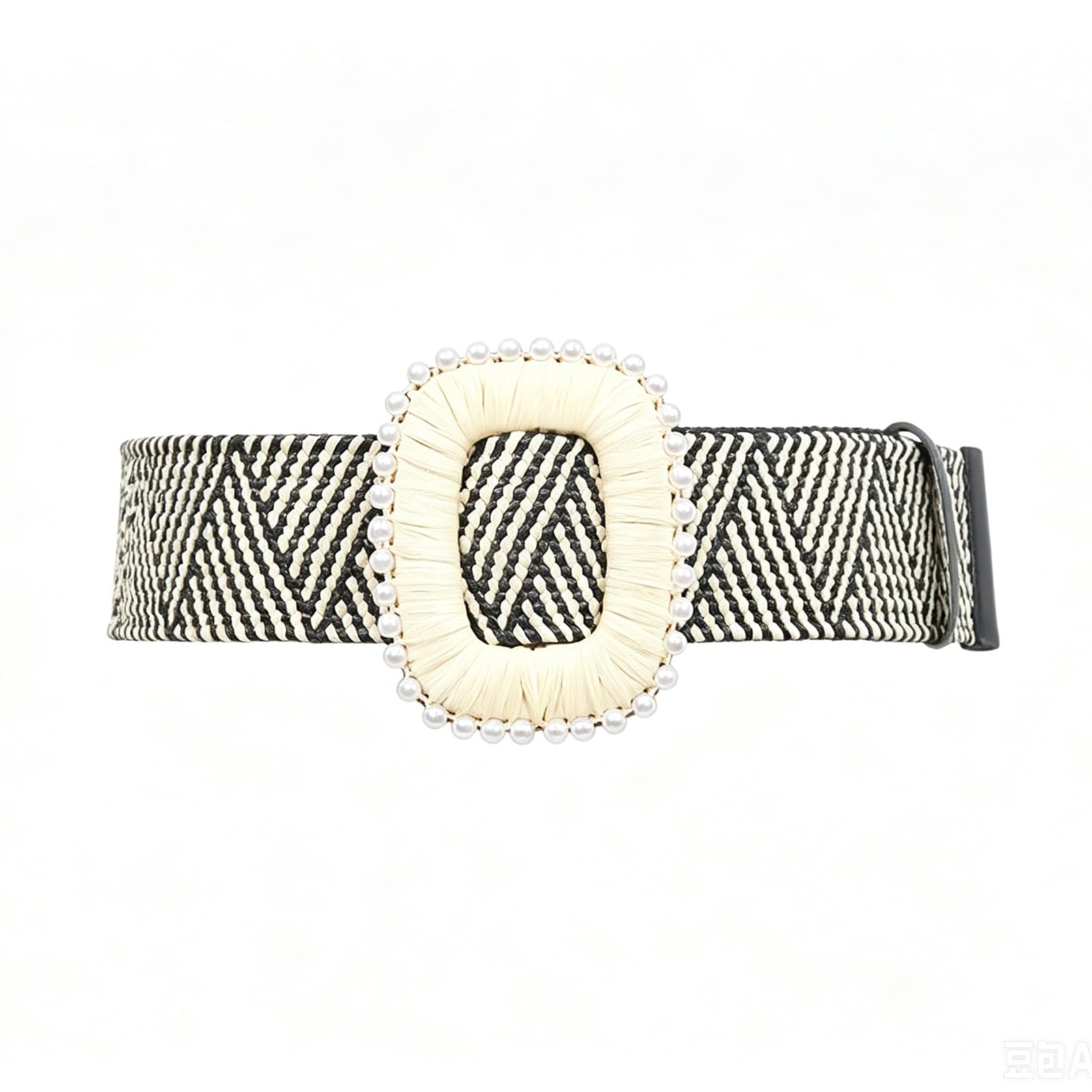 AGUTALITHIC Women Straw Woven Stretch Dress Belt, 4.8cm Wide Boho Braided Raffia Elastic Waist Strap with Pearl Prong Buckle(105cm/41, Striped-B)
