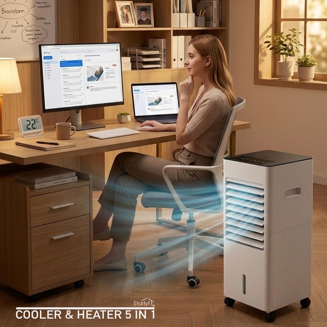STARLYF Air Cooler Fan 5-in-1 – Luftkühler, Heizlüfter, Luftbefeuchter & Luftreiniger – 6L Wassertank – 2000W Heizung – Tragbar mit Fernbedienung & Timer