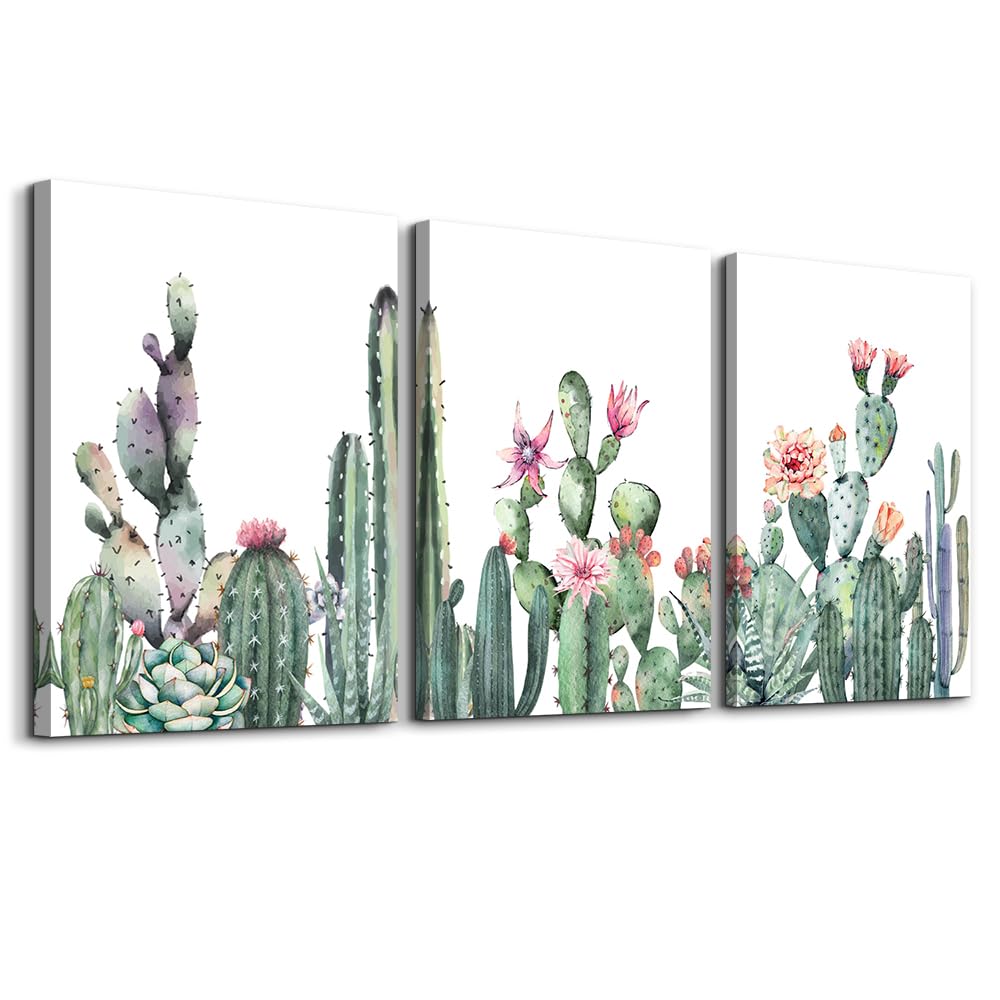 Canvas Wall Art For Living Room Bathroom Wall Decor For Bedroom Kitchen Artwork Canvas Prints Green Succulent Cactus Painting 12" X 16" 3 Pieces Modern Framed Office Home Decorations Family Picture