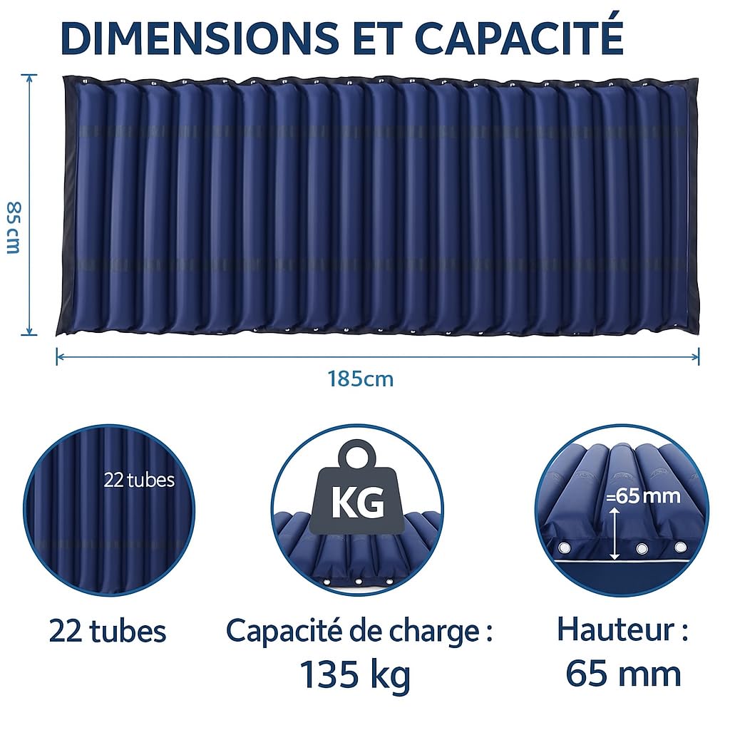 PLUS SANTE – Materasso ad aria MAXTAIR antidecubito | 200×90×22 cm, PVC medico impermeabile, pompa silenziosa <45 DB, prevenzione punti di pressione, carico 135 kg
