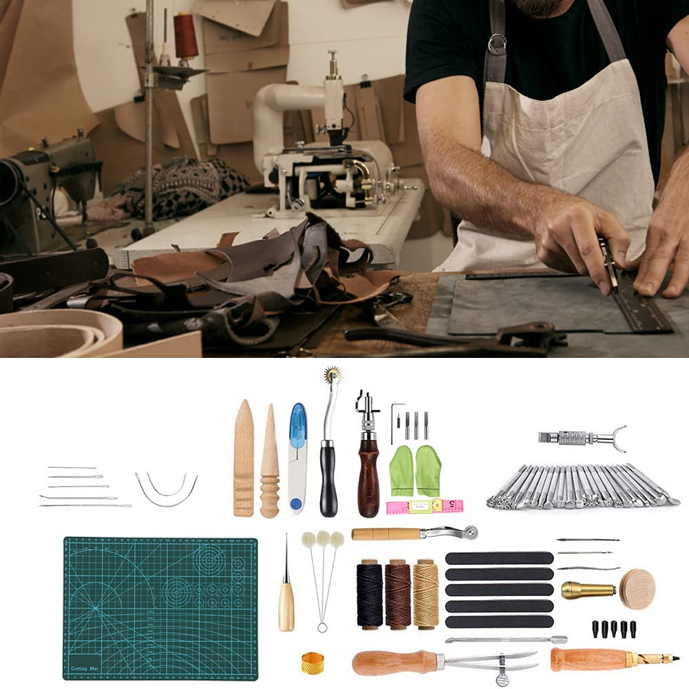Generic Kit de Costura de Cuero de 50 Piezas - Herramientas Manuales Versátiles para Manualidades de Bolsos y Zapatos de Cuero - Ideal para Principiantes y Profesionales - Incluye Materiales de
