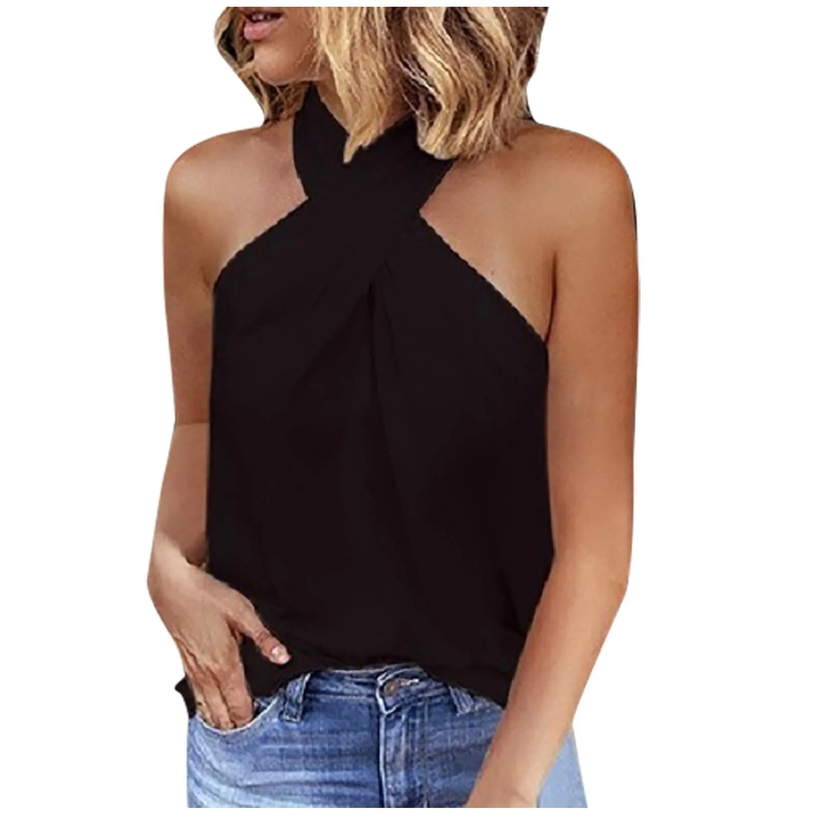 Top Halter Cruzado Camisolas Camisetas sin Mangas con Cuello Halter y Espalda Descubierta for Mujer, Casuales