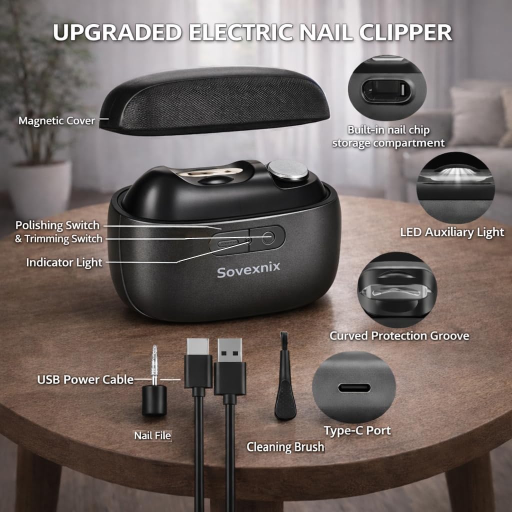 Electric Nail Clipper for Seniors & Adults, 3-in-1 Nail Trimmer, File & Polisher, Wide Opening for Thick Nails, Safe Clippers for Kids, Portable with LED Light, Type-C Charge, Magnetic Cover