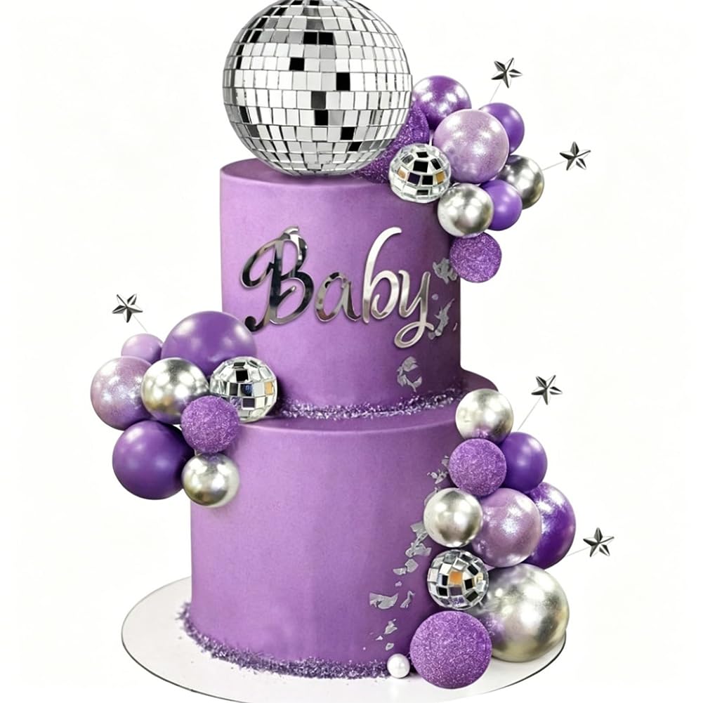 32PCS Purple Disco Balls Cake Topper Dancing Queen Cake Topper,Mini Silver Cake Supplies With Stick Cake Balls,80s Retro Discos Cakes Decorations Applicable To Cupcakes And Desserts