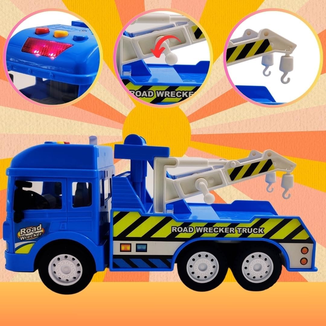 KRIREEN Friction Powered Construction Engineering Truck Series for Kids - with Lights and Sounds - Big Size Plastic Toy Vehicle - Birthday Gift for Boys Kids (Multi Color) (Tow Truck) 4