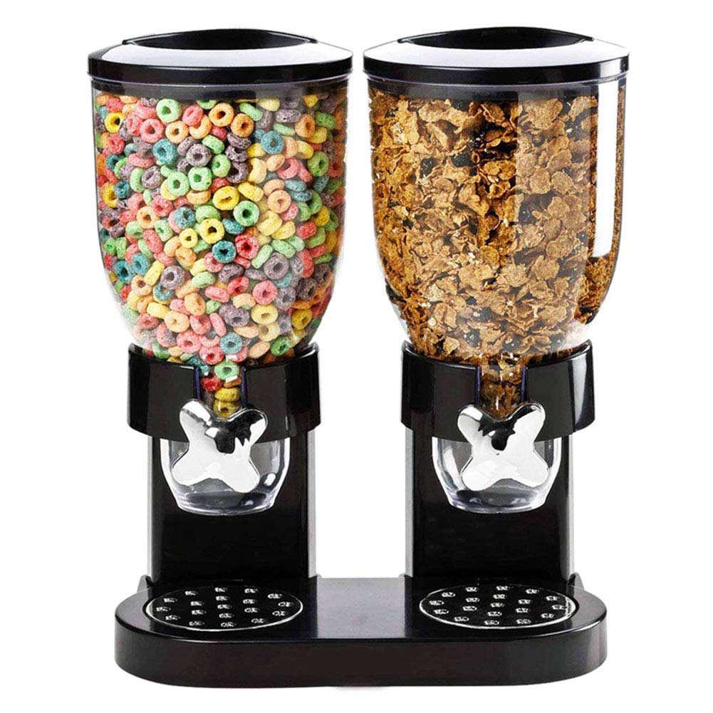 Li-HIM Dispensador de Cereal Doble: Recipiente de Almacenamiento de Alimentos Secos, herméticos y Transparentes con Bandeja de derrames incorporada, para el Desayuno/Comida para Perros y Gatos