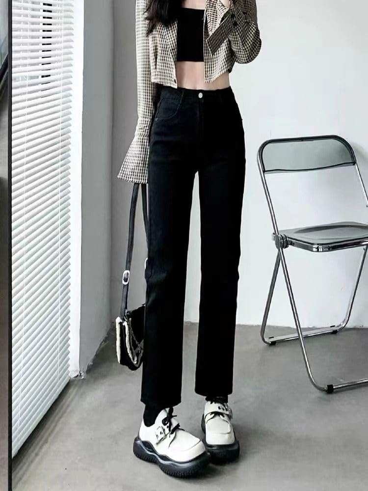 Pantalones Vaqueros Ajustados para Mujer Negro Primavera Otoño Tiro Alto Ajustados Pierna Recta Tobilleros