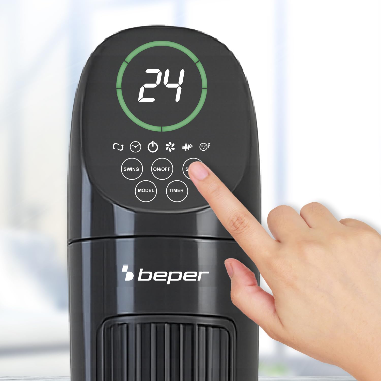 BEPER P206VEN310 Ventilador de torre digital de lujo con control remoto, silencioso, 3 velocidades y 3 modos, oscilación, temporizador de 7,5 horas, base estable