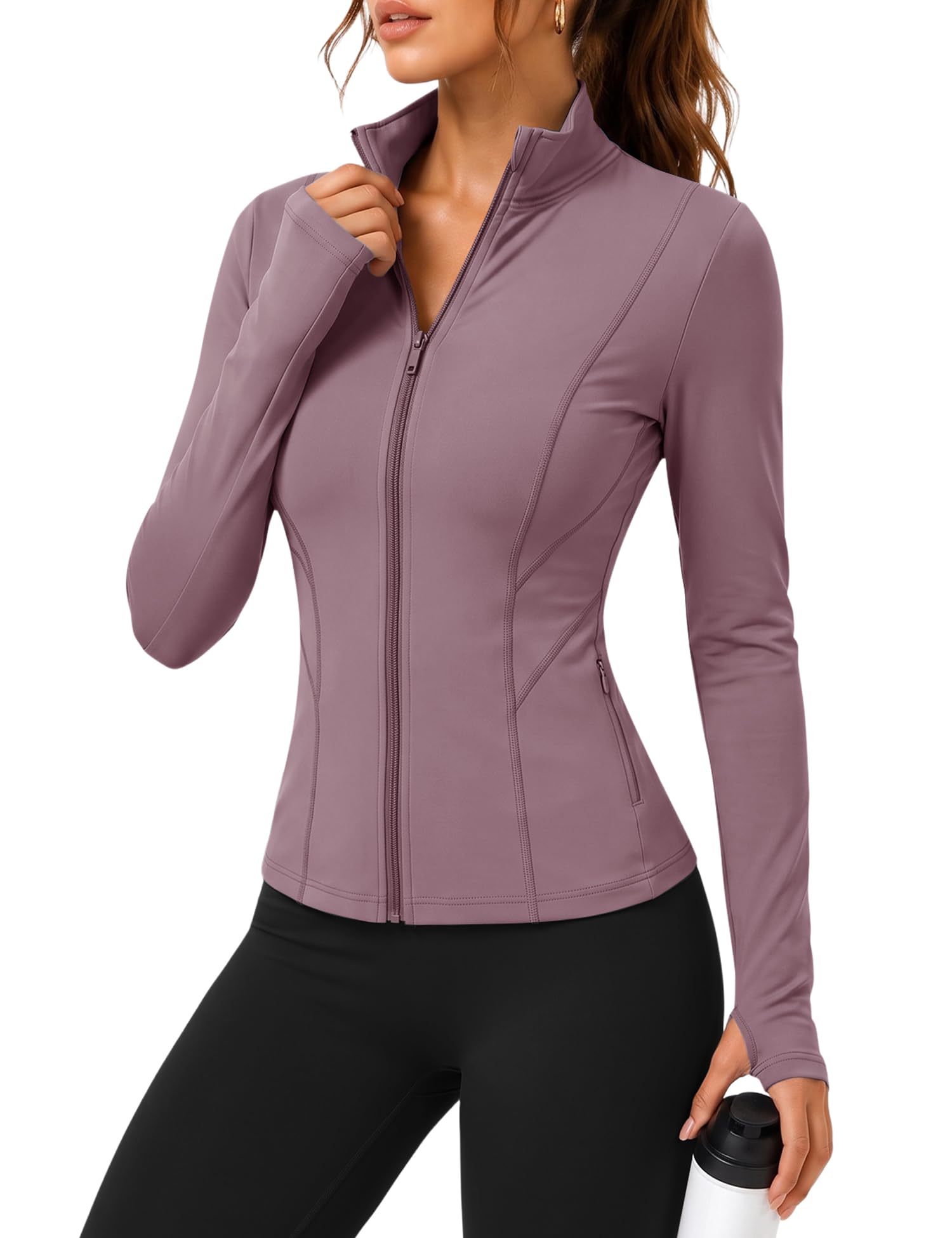 Rapbin Women's Slim Fit Workout Jackets Full Zip Long Sleeve Running Athletic Tops Yoga Shirts with Thumb Holes