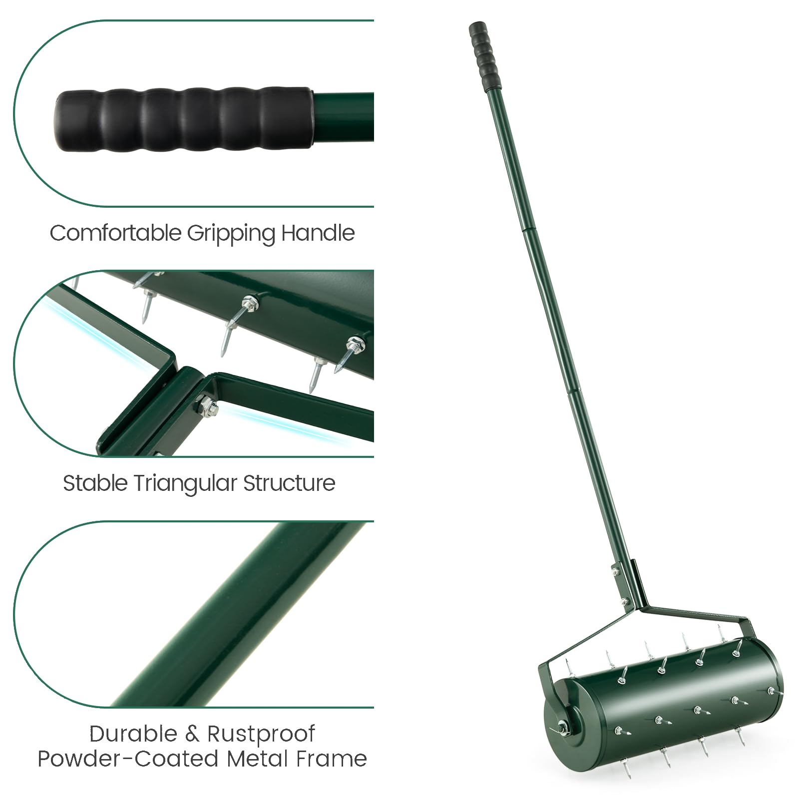 Aireador manual de césped, rodillo de césped resistente, 43/53 cm con tambor relleno de arena y mango desmontable de 130 cm, herramienta de estacas de jardín para tierra y césped