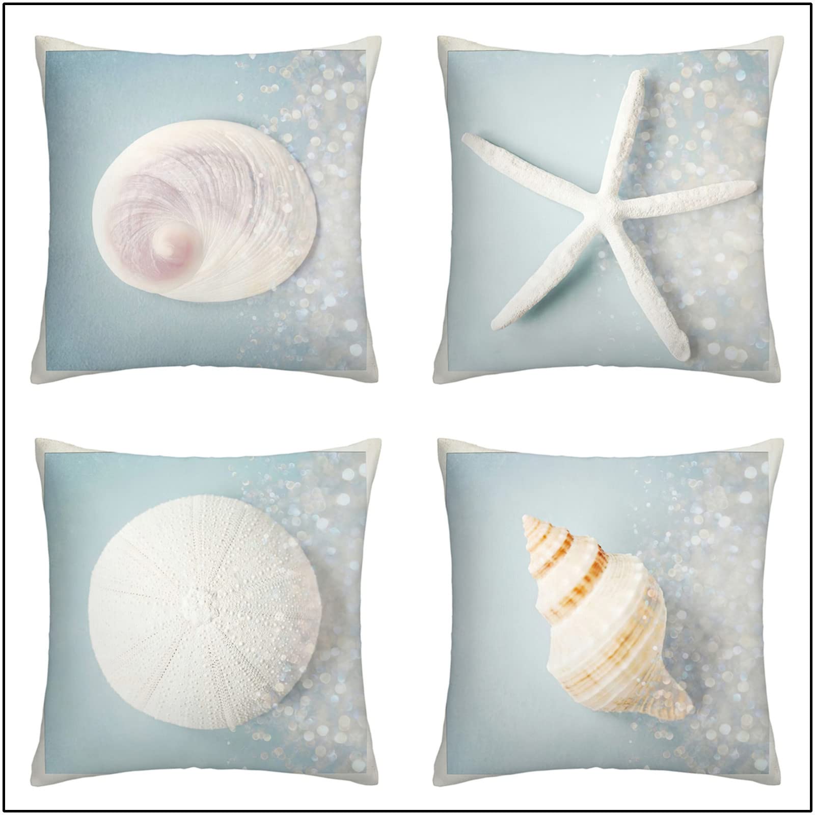 Set Di 4 Federe Cuscino 30x30 Cm Con Conchiglie E Stelle Marine - Cotone E Lino, Cerniera Invisibile, Per Divano E Letto