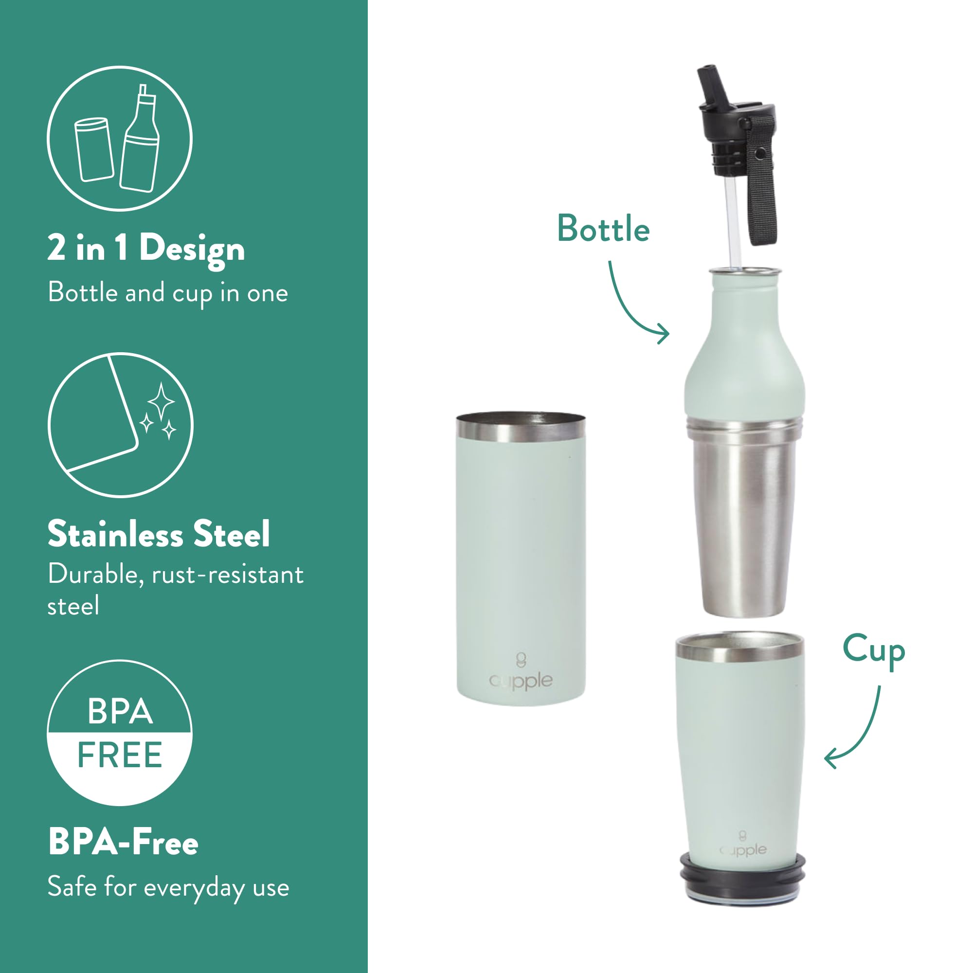 Taza + botella, acero inoxidable, bebidas frías y calientes, a prueba de fugas, se adapta a portavasos, taza de café integrada, pimienta negra (verde marino)