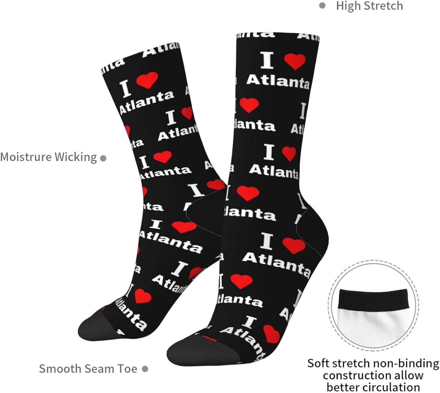 I Love Atlanta Socks For Men Women Sport Crew Athletic Running Wicking Socks