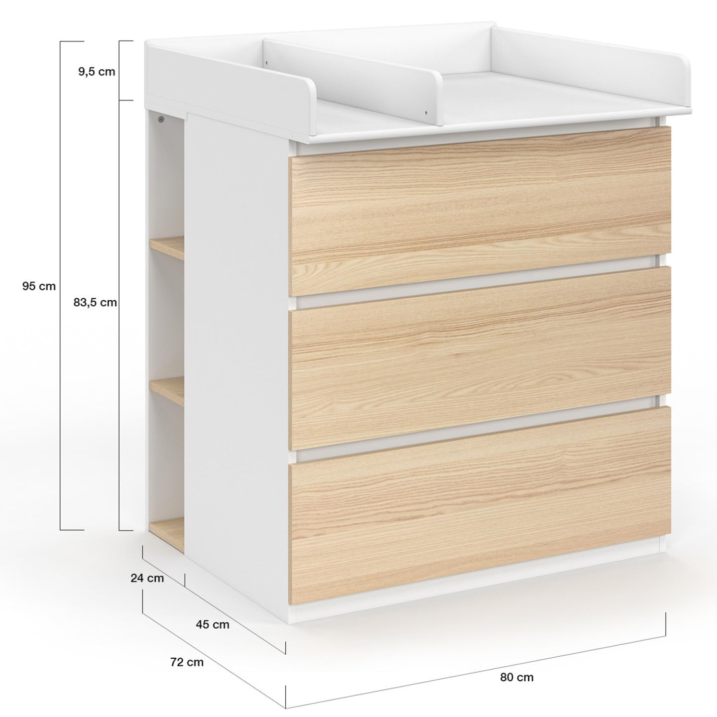 IDMarket - Commode à Langer évolutive Ambre façon hêtre et Blanc 3 tiroirs Table à Langer et 2 étagères Amovibles