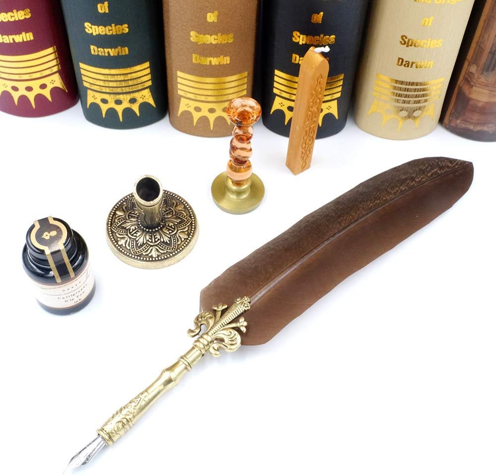 GC QUILL MU-03 Quill Pen Set Unique Half-Patterned Feather Pen Gift Set with 6 Nibs 1 Calligraphy Ink 1 Wax Seal Stamp 1 Pen Holder 1 Sealing Wax, Gift for Writers Kids Students