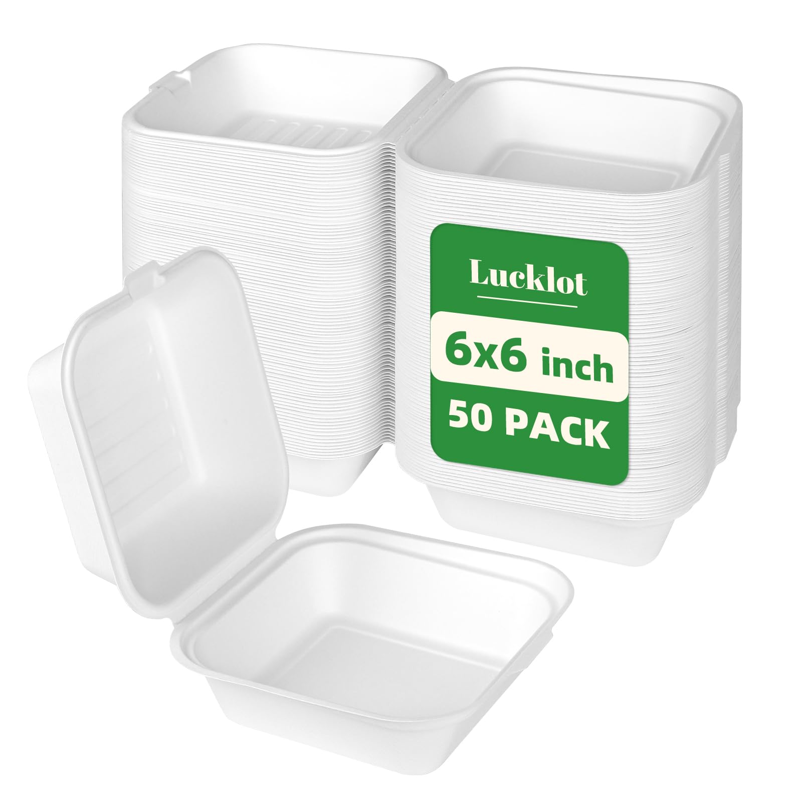 Lucklot 50 Pack 6×6 Inch White Compostable Bagasse Take Out Food Containers