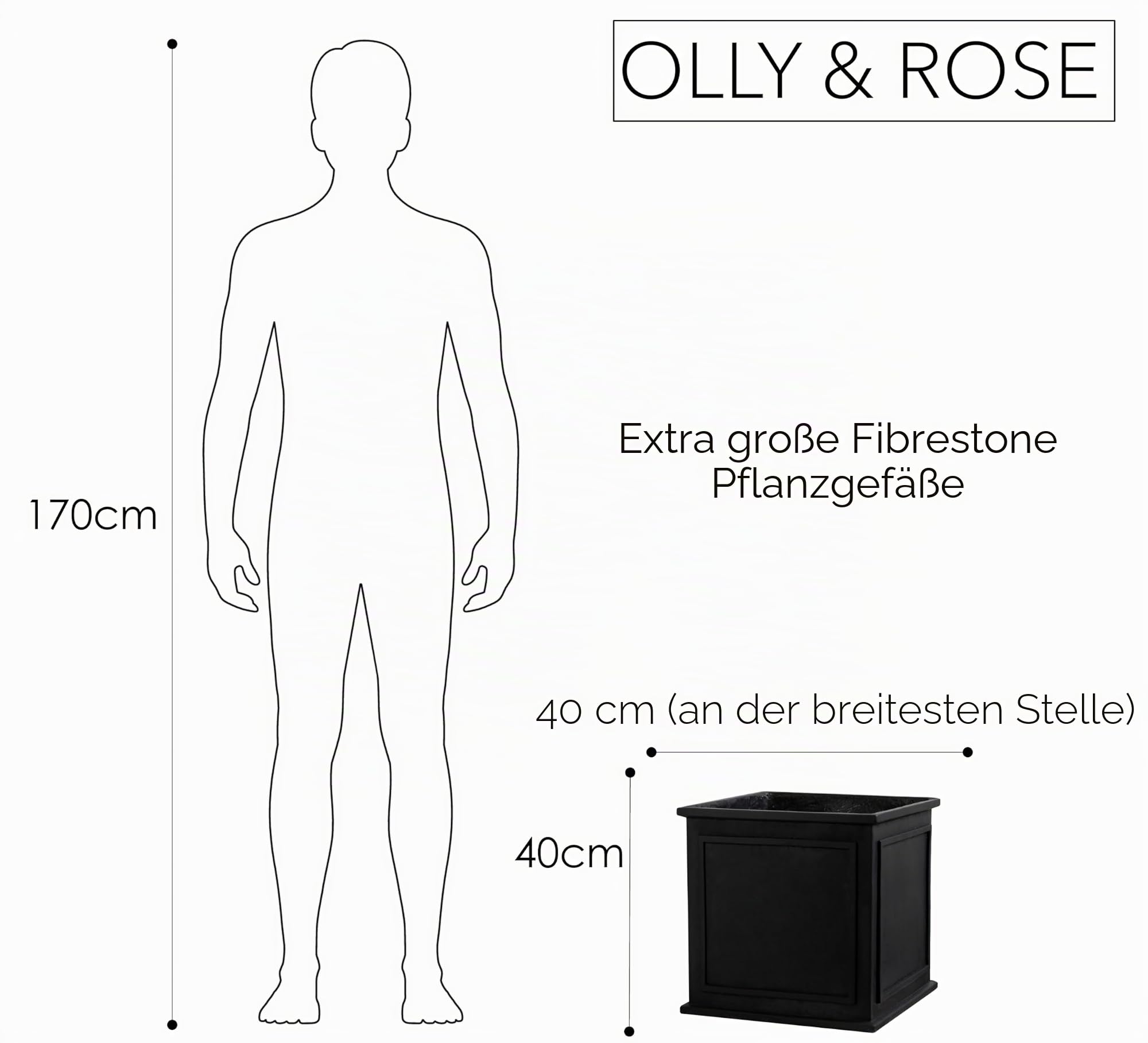 Olly & Rose Fibretone Blumentopf, traditionell, extra groß, für drinnen und draußen, 40 x 40 cm, Schwarz