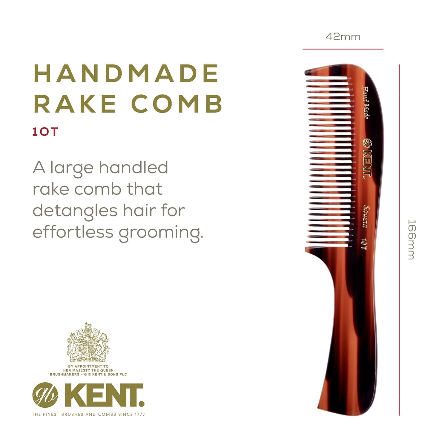 Kent Peigne à dents larges en graphite et écaille de tortue 10T - Peigne démêlant pour cheveux bouclés - Peigne à barbe/peigne démêlant pour homme