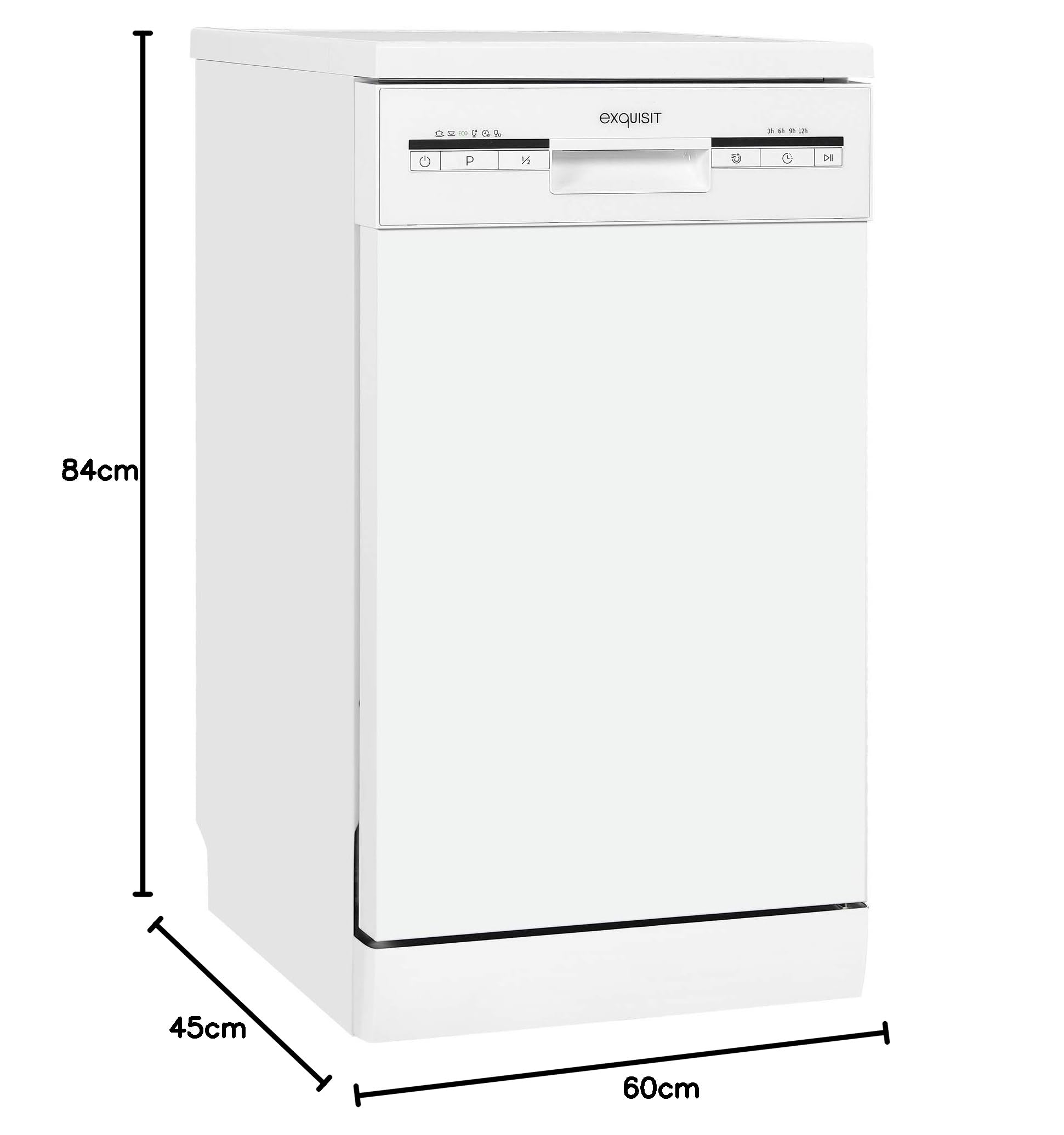 Exquisit® Lavavajillas 45Cm, Clase E, Color Blanco, 9 Servicios, 6 Programas, Cesto Regulable, Funciones Extra Seco y Media Carga, Interior Inox, Consumo 70 kWh/año, Medidas 84,5x44,8x60 Cm.