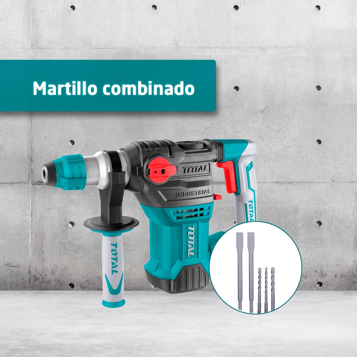 TOTAL - Martillo Combinado SDS Plus 1500W - 5.5J Alta potencia - Incluye set brocas y cinceles - Maletín incluido - TH1153216