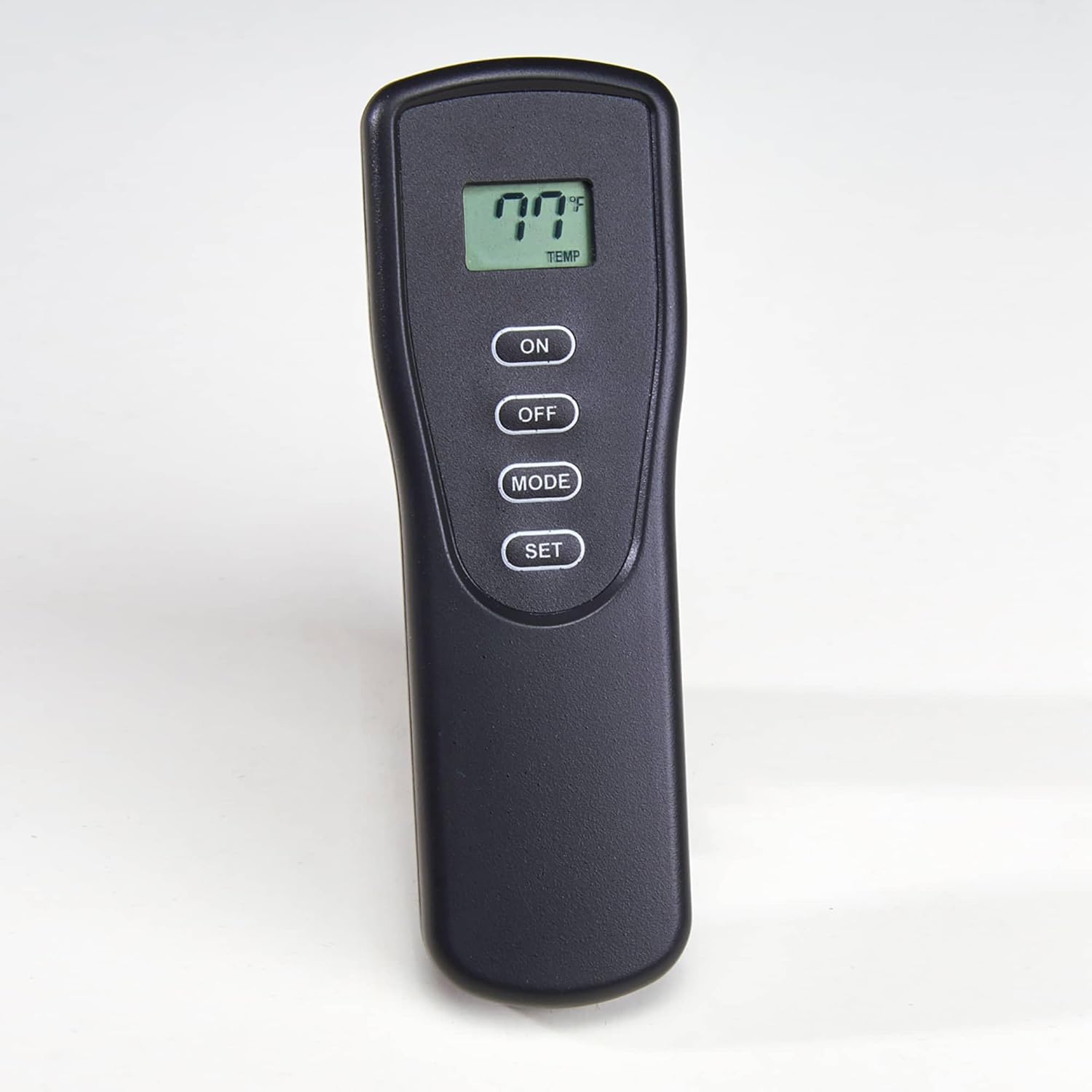 Black remote control for the Duluth Forge gas log set, showing an LCD screen displaying '77°F TEMP' and buttons for ON, OFF, MODE, and SET.