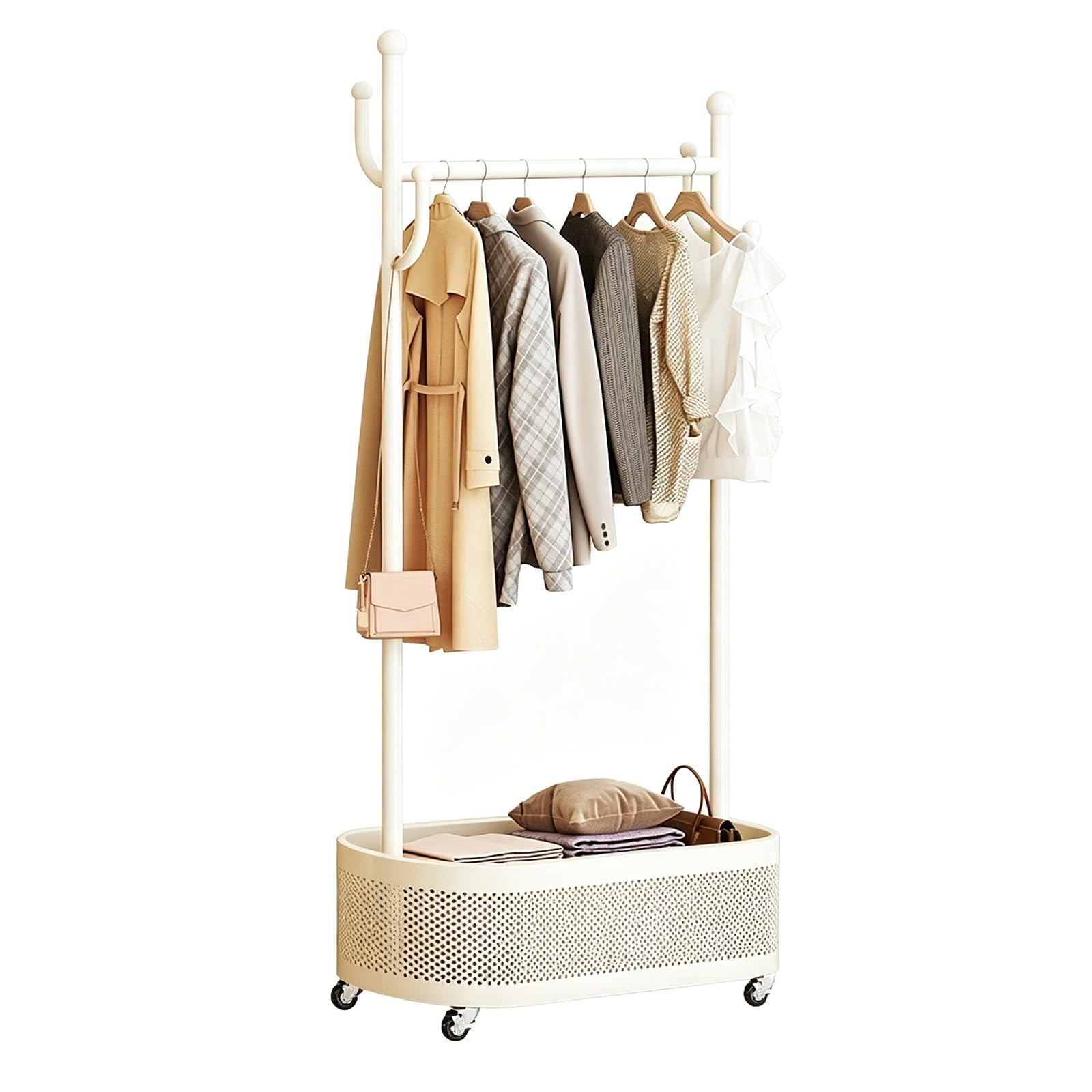 lyxamjrzyp Rolling Clothes Rack with Wheels, Portable Clothing Rack with Storage Basket, Garment Organizer for Bedroom Living Room Entryway Closet(White,23.6in/60cm)