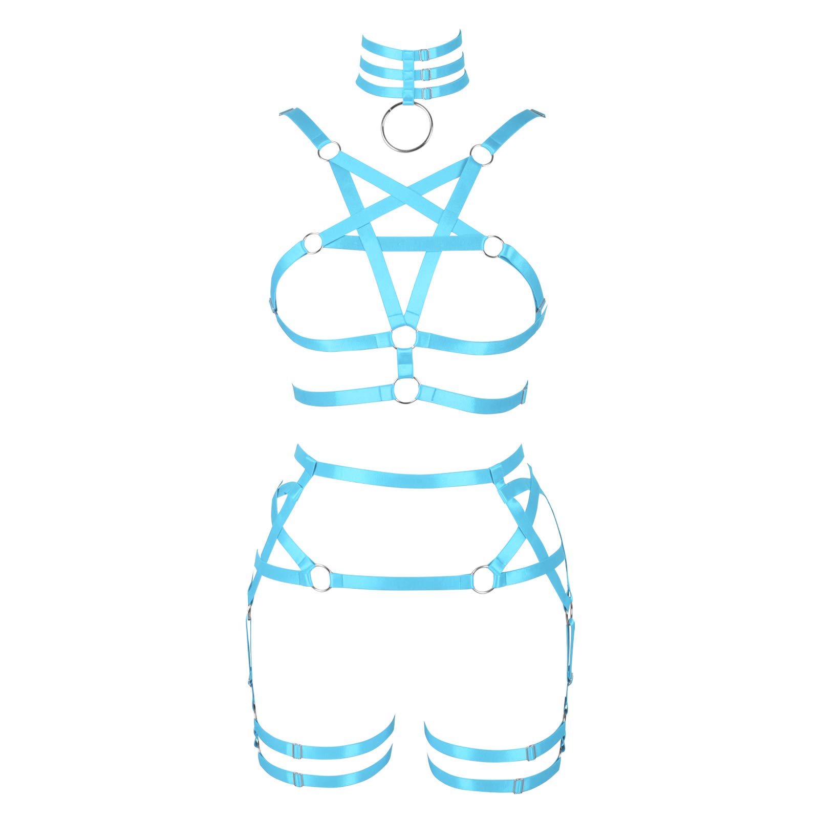 BBOHSSWomen's Body Harness Pentagram Bra Garter Belt Set Punk Gothic Carnival Halloween Elastic Adjustable Dance Costume