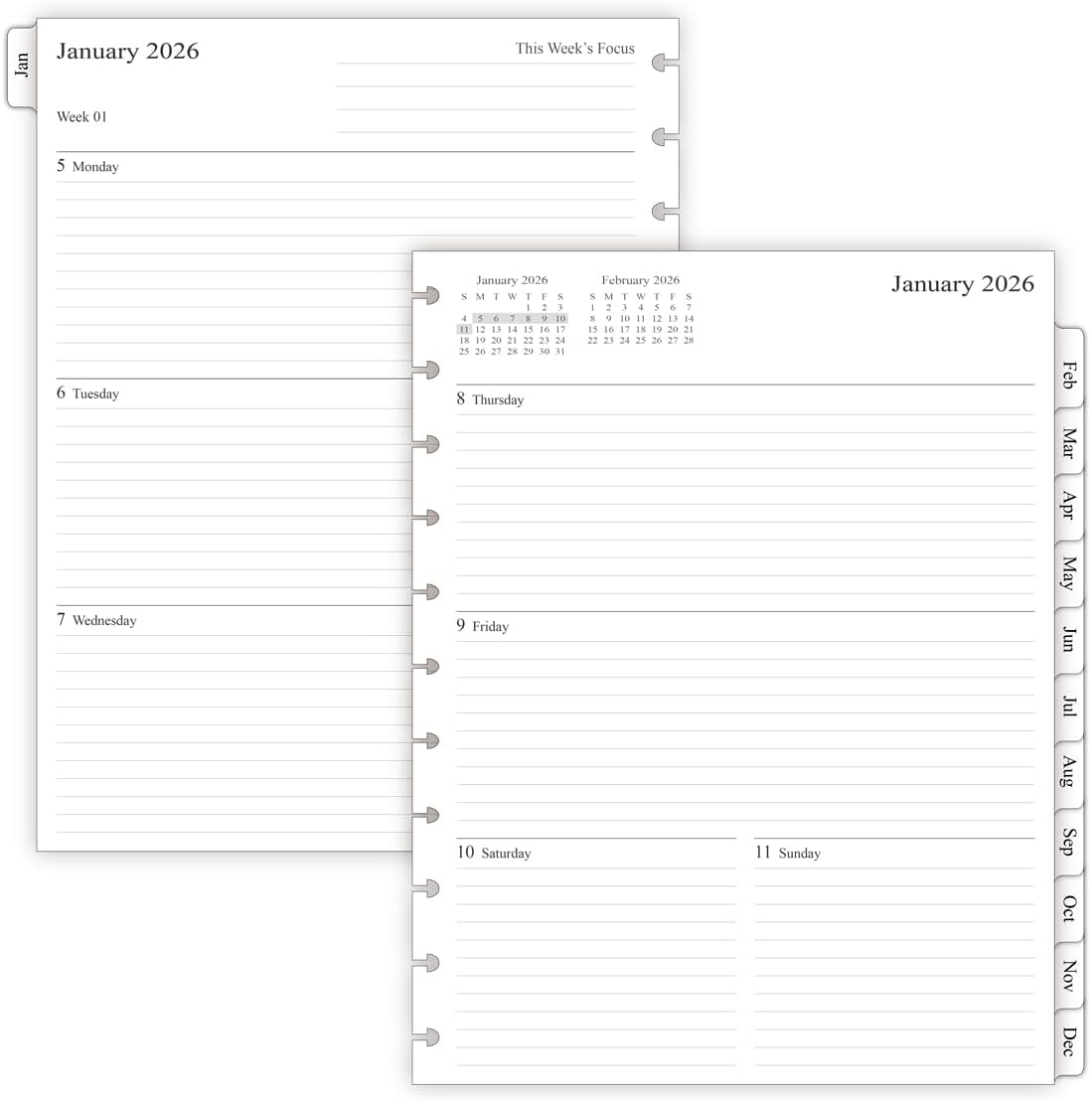 2026 Weekly Planner Refills for 11-Discbound Notebooks, Monthly Tabs, 11-Disc Punches, Letter Size, 8-1/2" x 11"