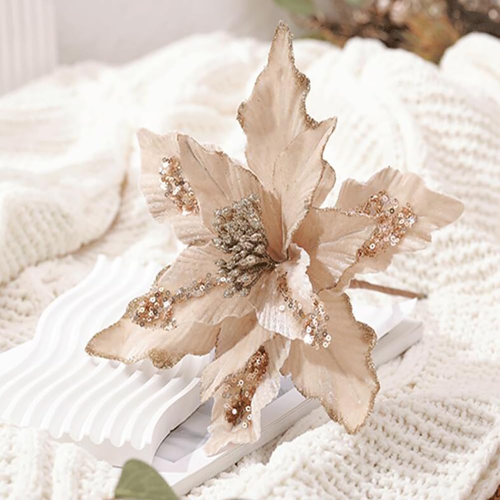 vctops Lot de 6 poinsettia artificielles à paillettes brillantes pour sapin de Noël, couronne d'ornement, Nouvel An, fête de mariage, vacances, décoration à faire soi-même, champagne