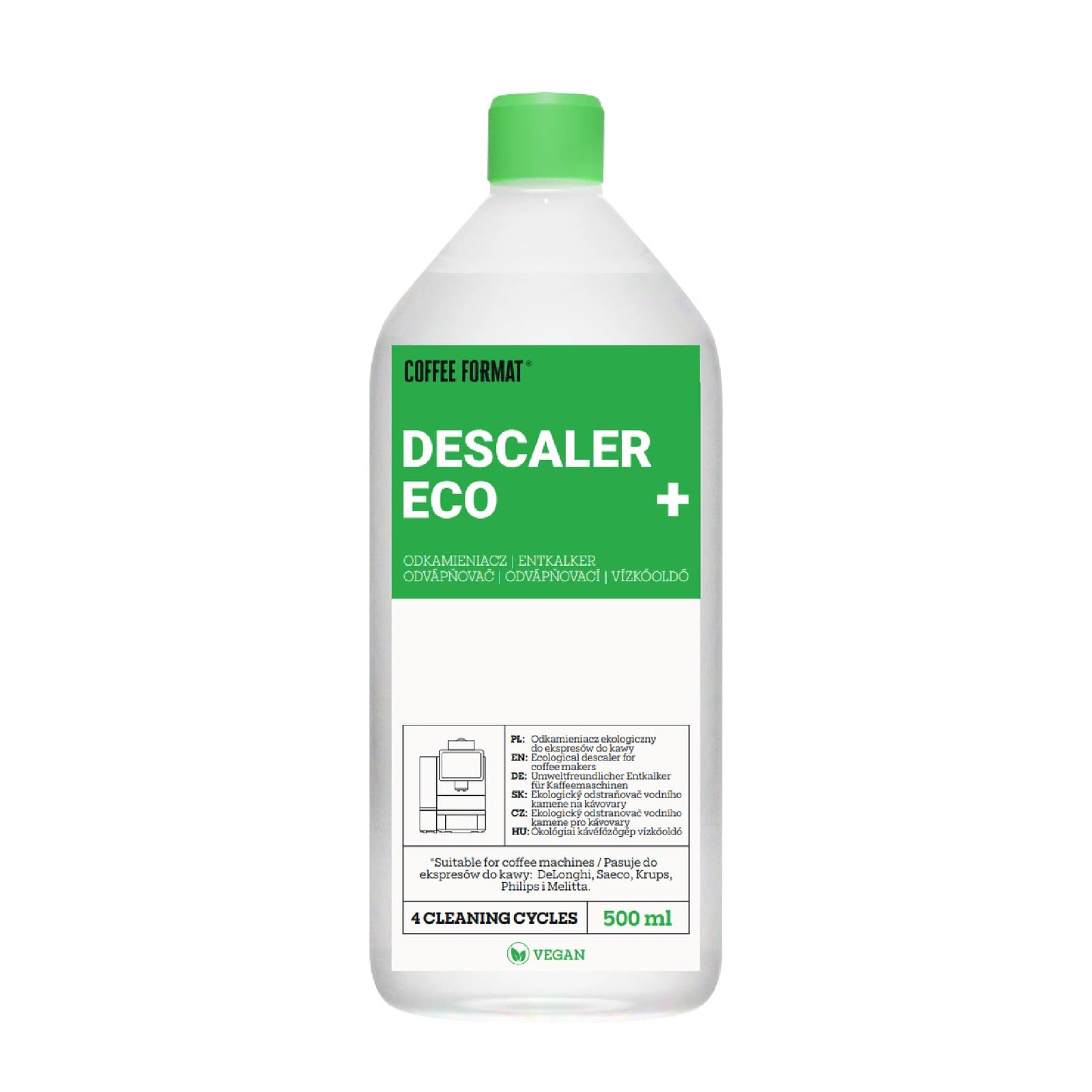Eco Descaler+ 500ml, uniwersalny odkamieniacz do ekspresów w pełni automatycznych i ekspresów do kawy,kompatybilny z DeLonghi, Saeco, Krups, Philips, Melitta i wieloma innymi