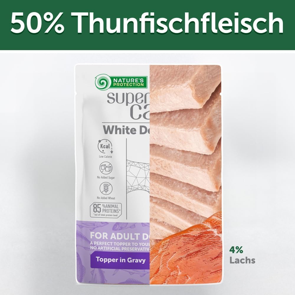 Nature’s Protection Superior Care Hundenassfutter mit Thunfisch & Lachs - Hundefutter ohne Getreide & hypoallergen - Für weiße erwachsene Hunde - Haut & Fellpflege - Reduziert Tränenflecken (24 x 70g)