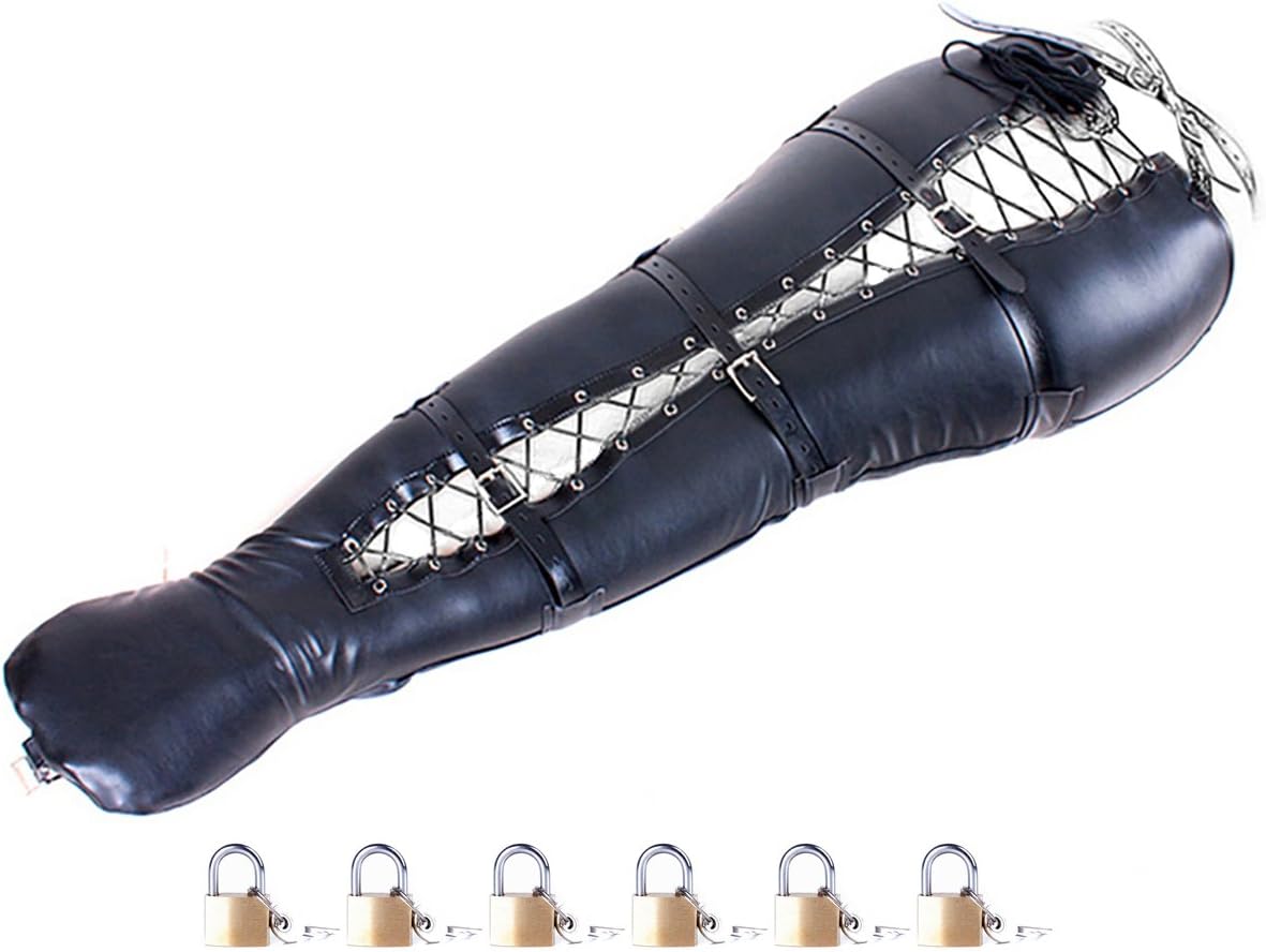 BDSM Body Bondage Bag Sexy Dress Up Mermaid Restraints Leggings Adult Sex Toys Bundle Leather Restraint Supplies Leg Binder (Padlock 6 Pieces)