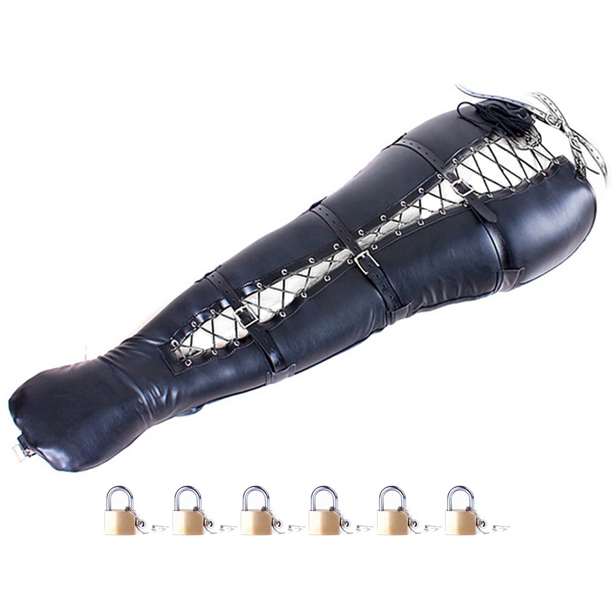 BDSM Body Bondage Bag Sexy Dress Up Mermaid Restraints Leggings Adult Sex Toys Bundle Leather Restraint Supplies Leg Binder (Padlock 6 Pieces)