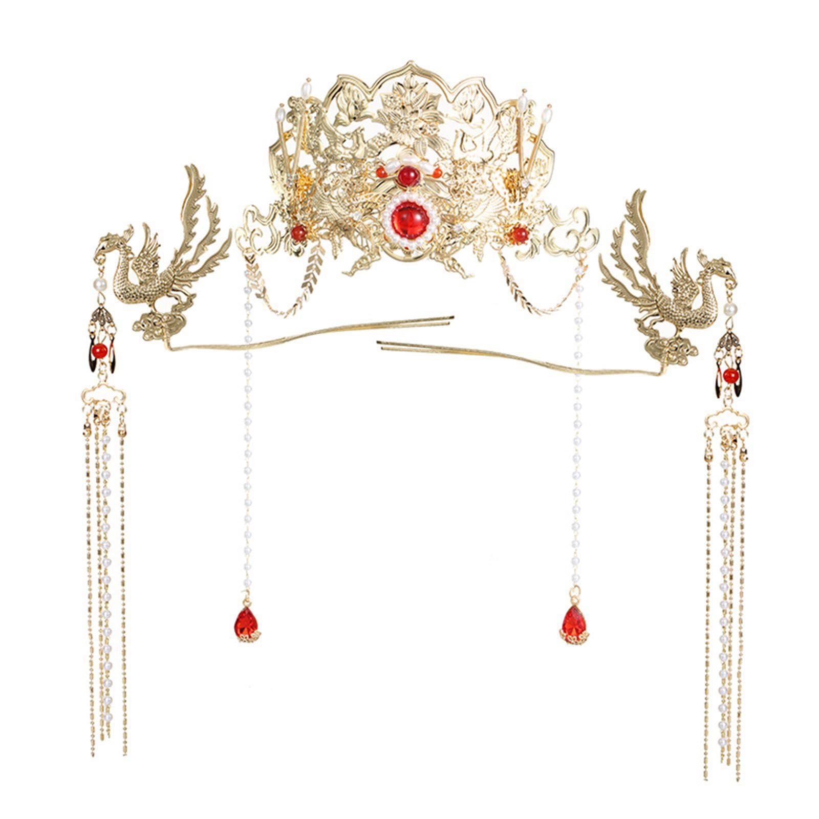 Lodoot Gold Elegant Chinese Bridal Phoenixes Crowns Headpiece With Unique Tassels Designs For Weddings And Special Occasions Chinese Red Phoenix Crown Headdress For Bride