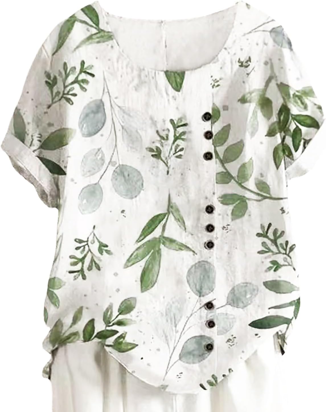 Womens Tunic Tops Plus Size Blouse Dressy Casual Loose Fit Elegant Street Wear Short Sleeve Round Neck Leaf Print