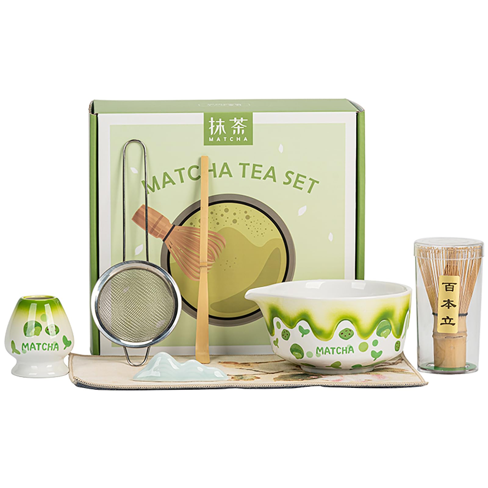 Matcha Whisk Set, 7pcs Japanese Matcha Tea Set Kit Includes Cup, Sifter, Bamboo Matcha Whisk Holder and Bowl Set for Macha Starter Making Tools, Gift for Matcha Lover and Starters (Green)