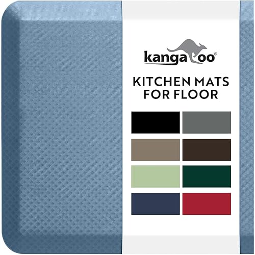 KANGAROO Thick Ergonomic Anti Fatigue Mats for Kitchen Floor, 39x20, Cushioned Standing Office Desk Mat, Waterproof Scratch Resistant Topside, Supportive All Day Comfort Padded Foam Rugs, Sky Blue