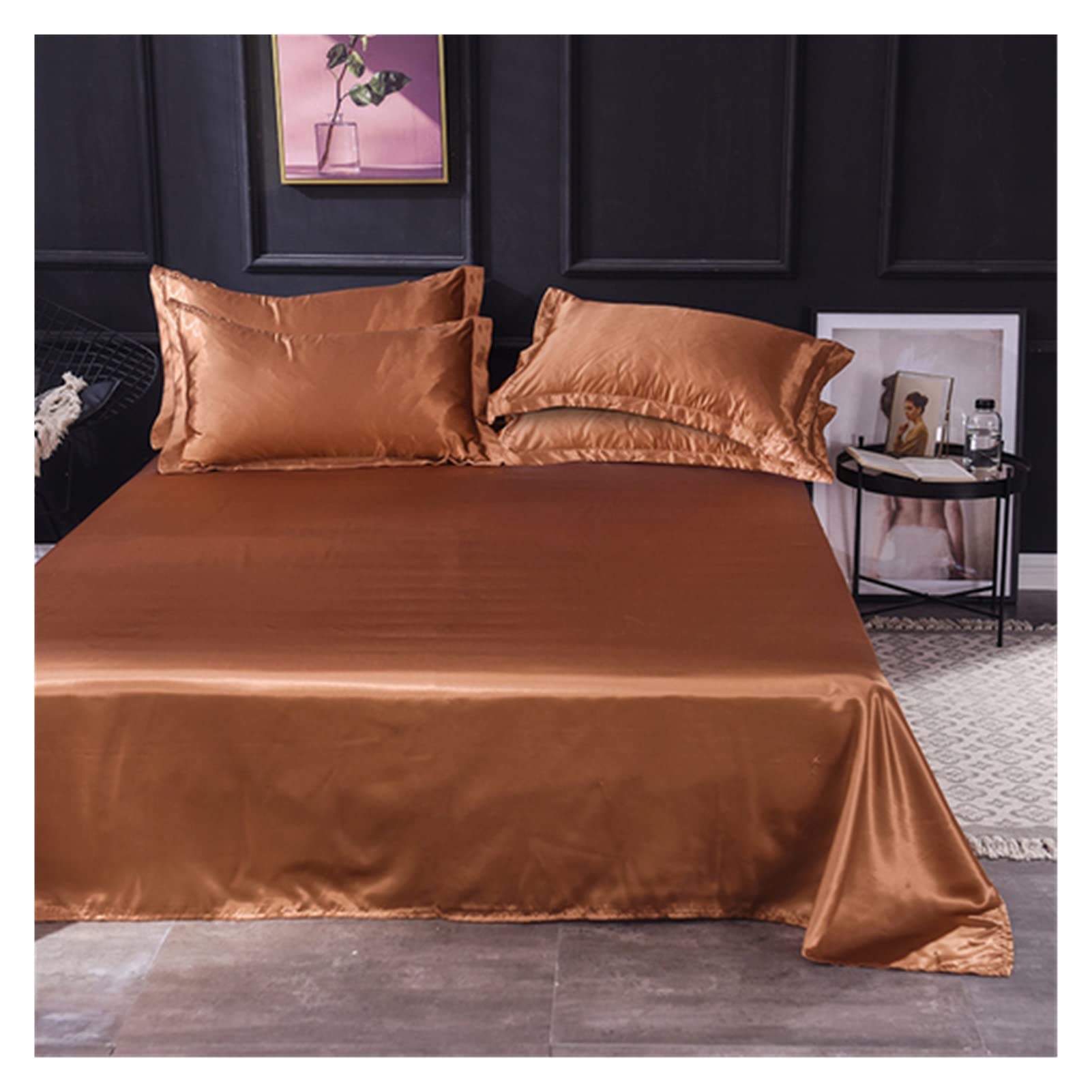 Silk Bed Sheets Flat Sheet Solid Color Ice Silk Satin Fabric Bedding Queen King Size Luxury Bed Sheet Bedclothes Bed Sheets and Pillowcases(Coffee,48x74 2pc pillowcase)