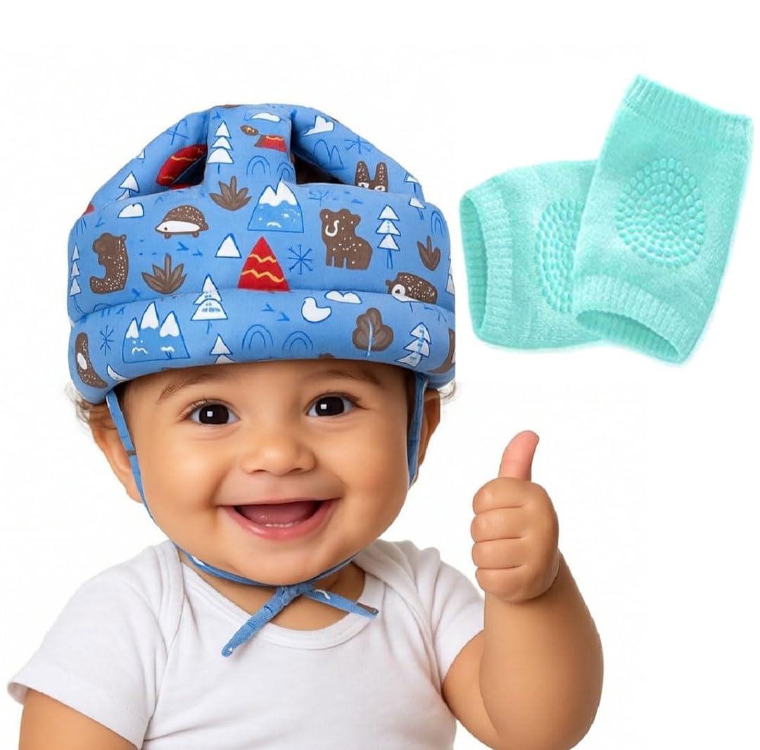 TULOO Baby Infant Toddler Helmet No Bump Safety Head Cushion Bumper Bonnet Adjustable Protective Printed Cap Child Safety Headguard for Running Walking Crawling Safety Helmet (Blue with Knee Pad)-image-33
