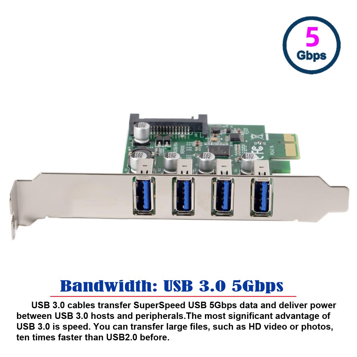 Cablecc Adaptador de tarjeta de expansión PCI-E a USB 3.0 HUB PCI Express de perfil bajo de 4 puertos para placa base
