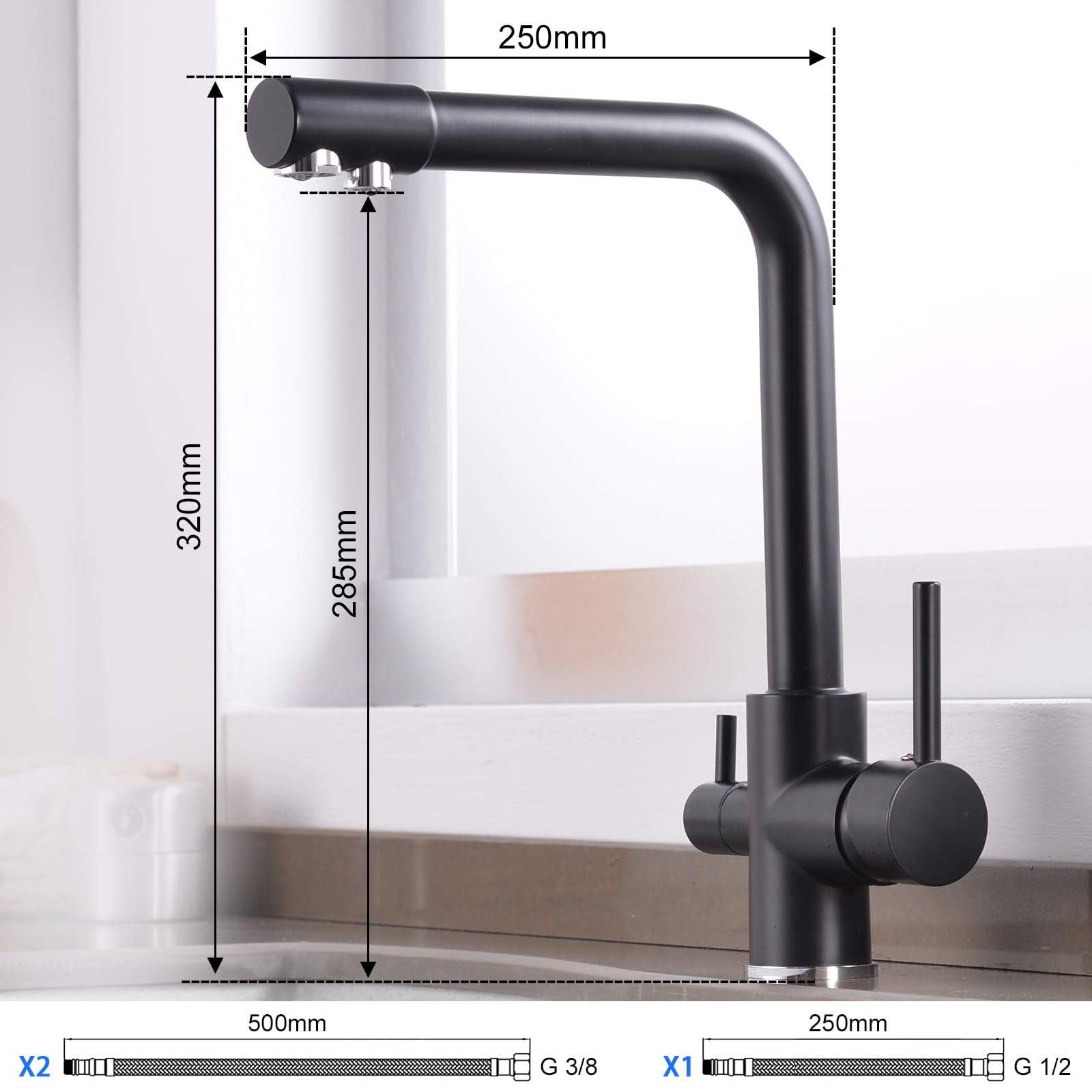 Grifería de Cocina Agua Potable con 3 Vías osmosis integrado con Caño Flexible 360° Giratorio Robinetterie Doble Mango 3 en 1 para Purificador de Filtro de Aguay En Latón Negro