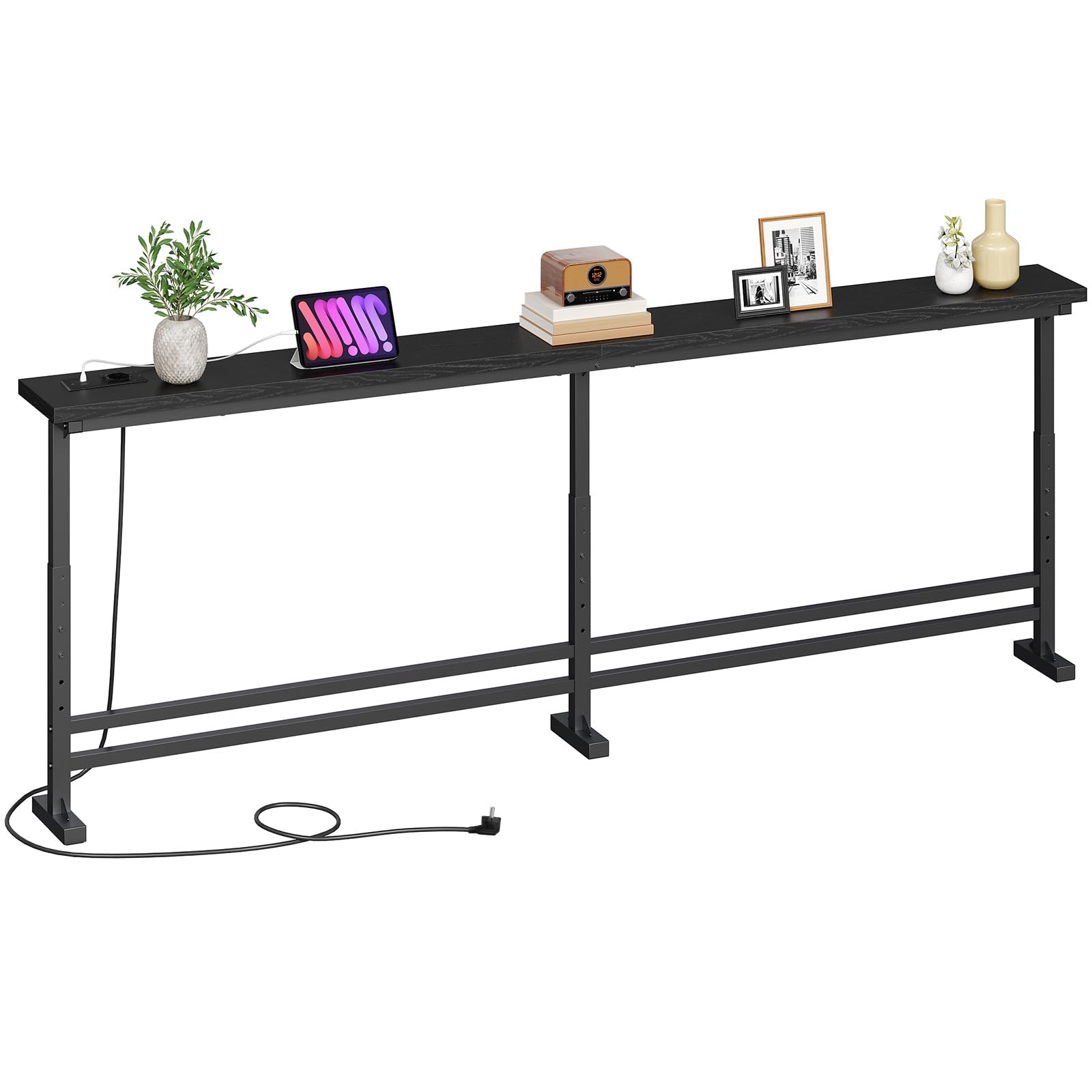YATINEY Konsolentisch schmal, schmaler Flurtisch, 200 cm Langer Eingangstisch, 1 AC, 1 USB-A, 1 Typ-C, für Wohnzimmer, Flur, Eingangsbereich, Schwarz XCT09CBB