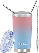 Shinhoo 20oz/ 550ml Insulated Travel Mug Reusable Coffee Cup Tumbler with Straw and Lid for Hot Cold Drinks, Pink& Blue